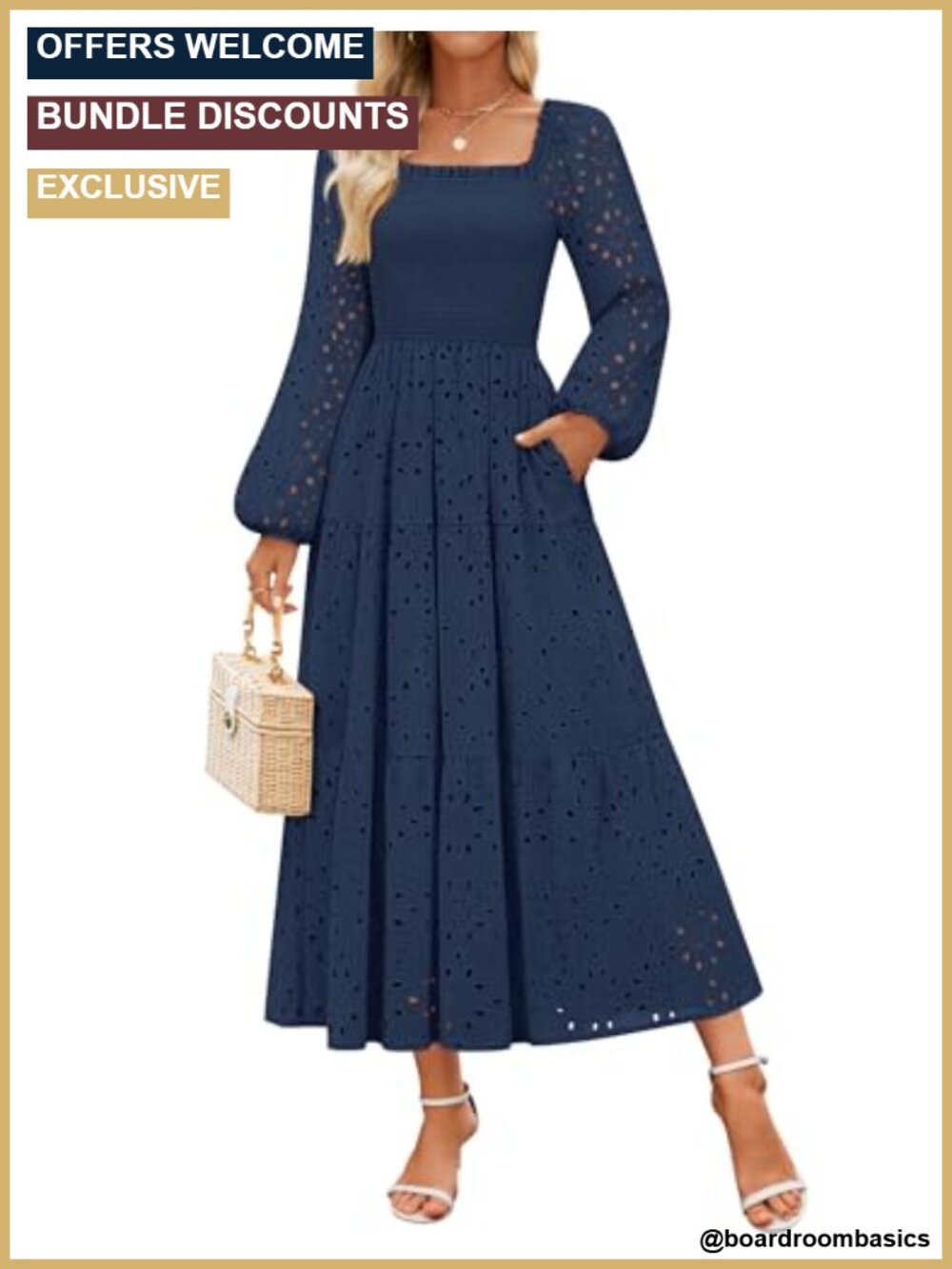 Eyelet Long Sleeve Maxi Dress Smocked Waist Tiered Wedding Guest